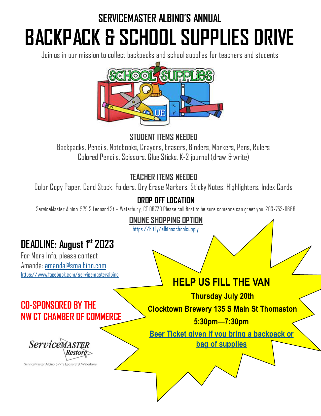 Annual Backpack & School Supplies Drive Help us Fill the Van